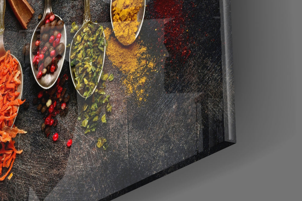 Spices panel catching window light to reveal its electric saturation
