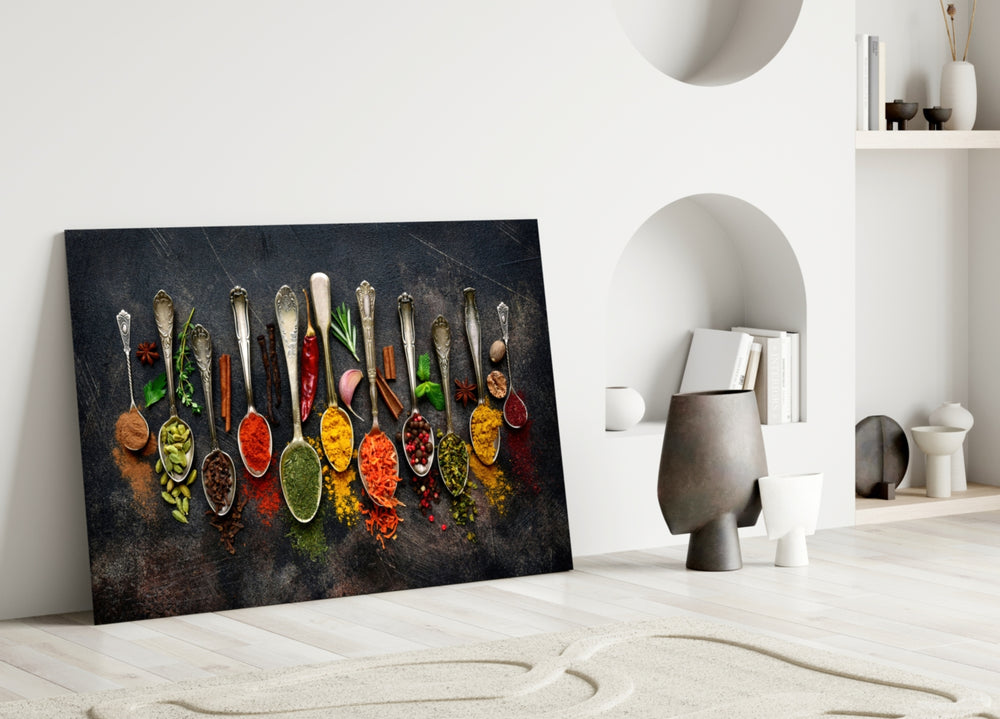 Spices glass wall art styled above a shelf in a kitchen