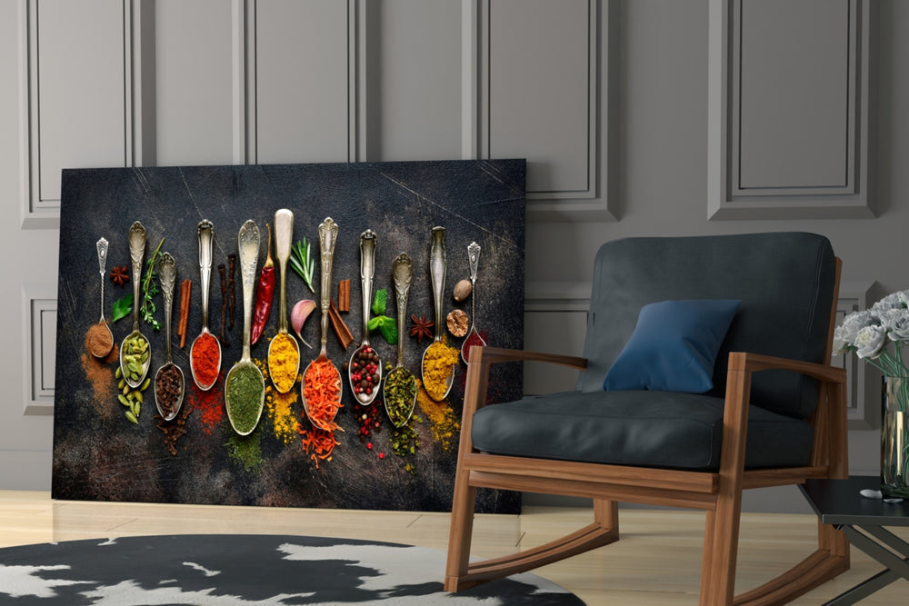 Spices artwork anchoring a wall with warm culinary palette
