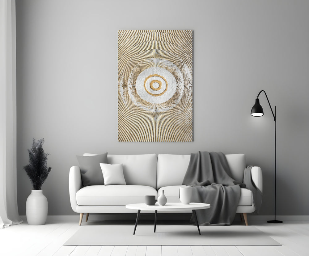 Abstract Loop glass wall art styled above a credenza in a hallway