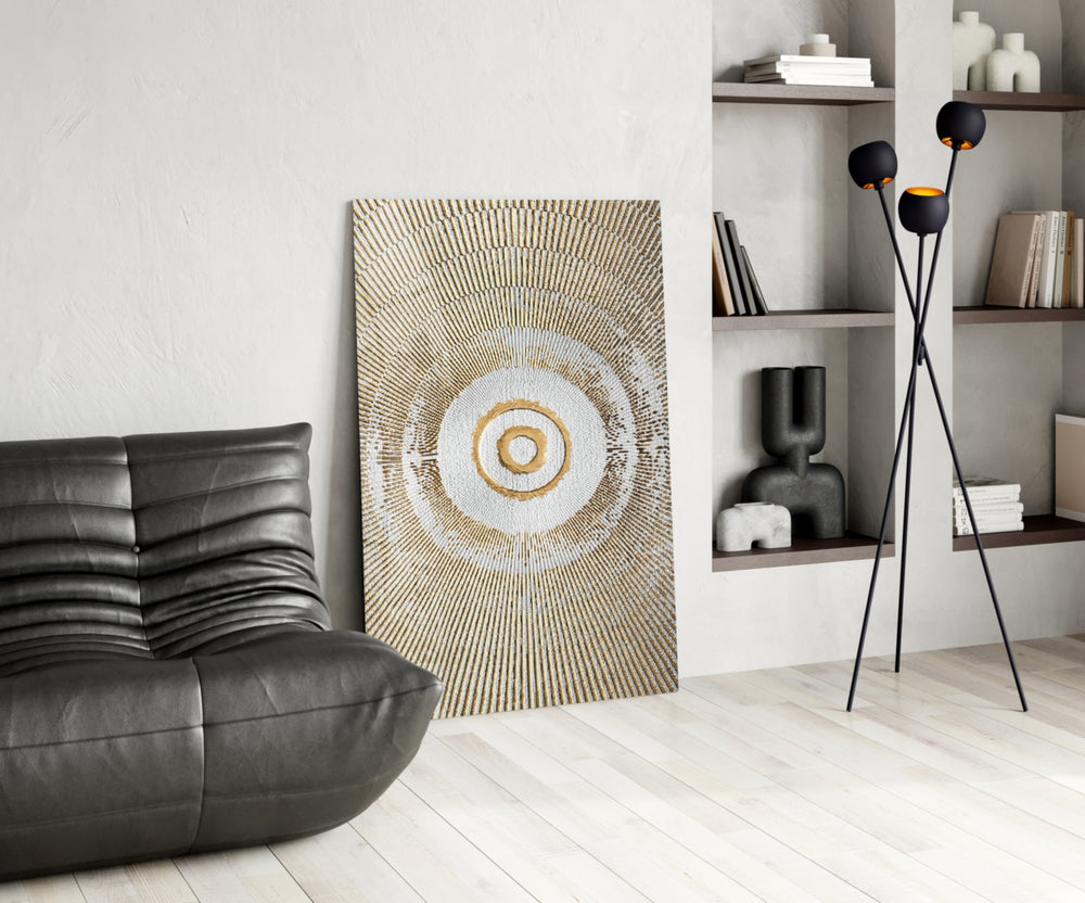 Abstract Loop glass print enhancing a bedroom with cinematic warmth