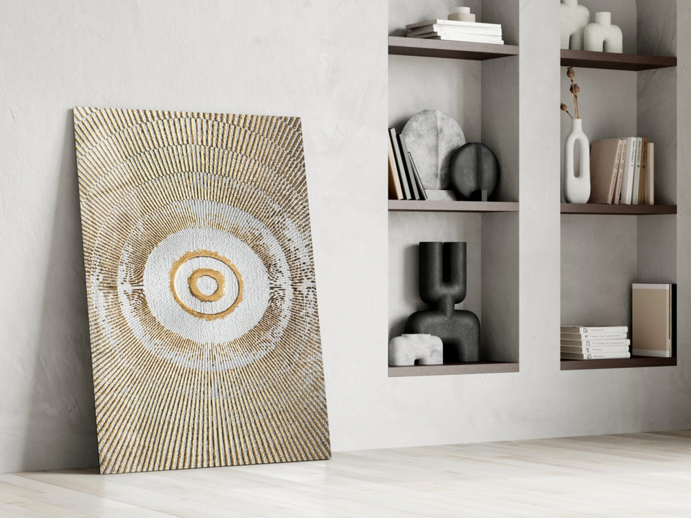 Abstract Loop artwork anchoring a wall with serene luxe palette