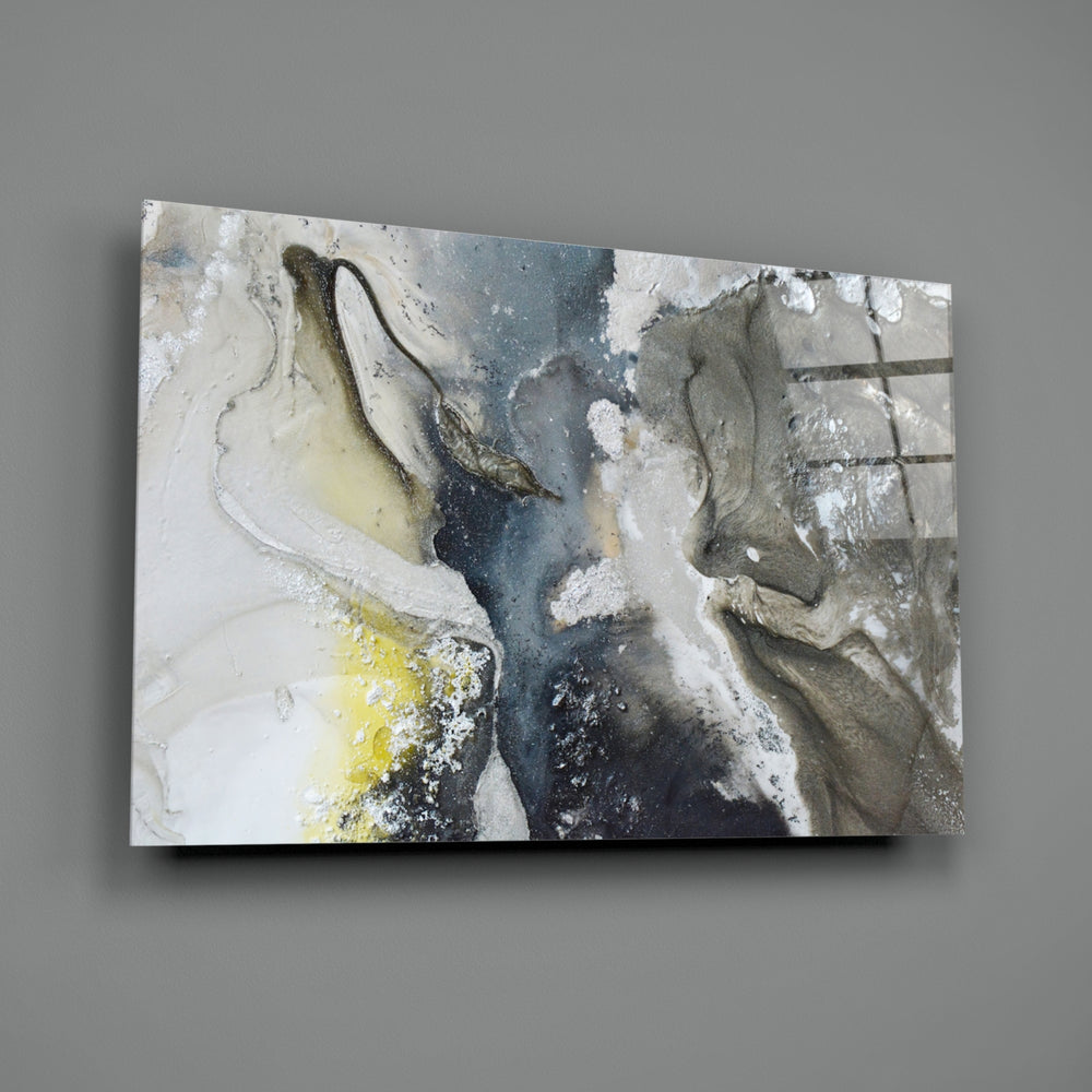 Marble close-up showing charcoal and pearl geothermal flow with citrine veins