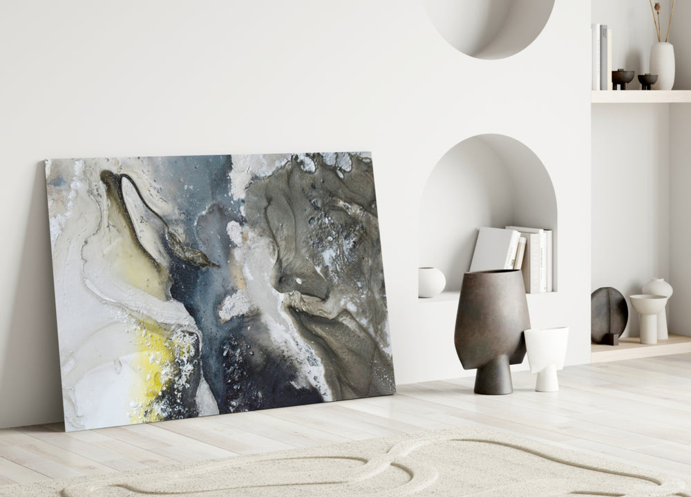 Marble glass wall art styled above a sofa in a living room