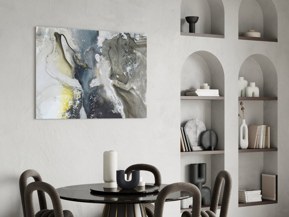 Marble glass print enhancing an office with cinematic calm