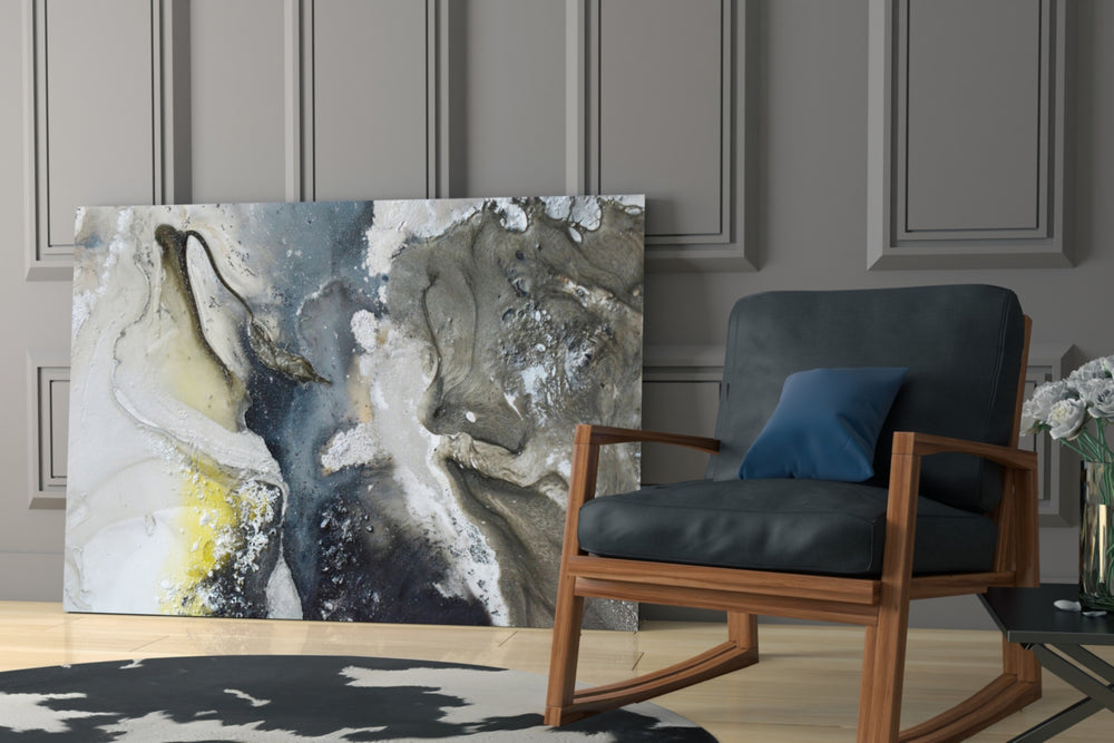 Marble artwork anchoring a wall with serene mineral palette