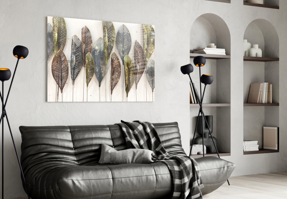 Feathers panel adding editorial mood to a hallway