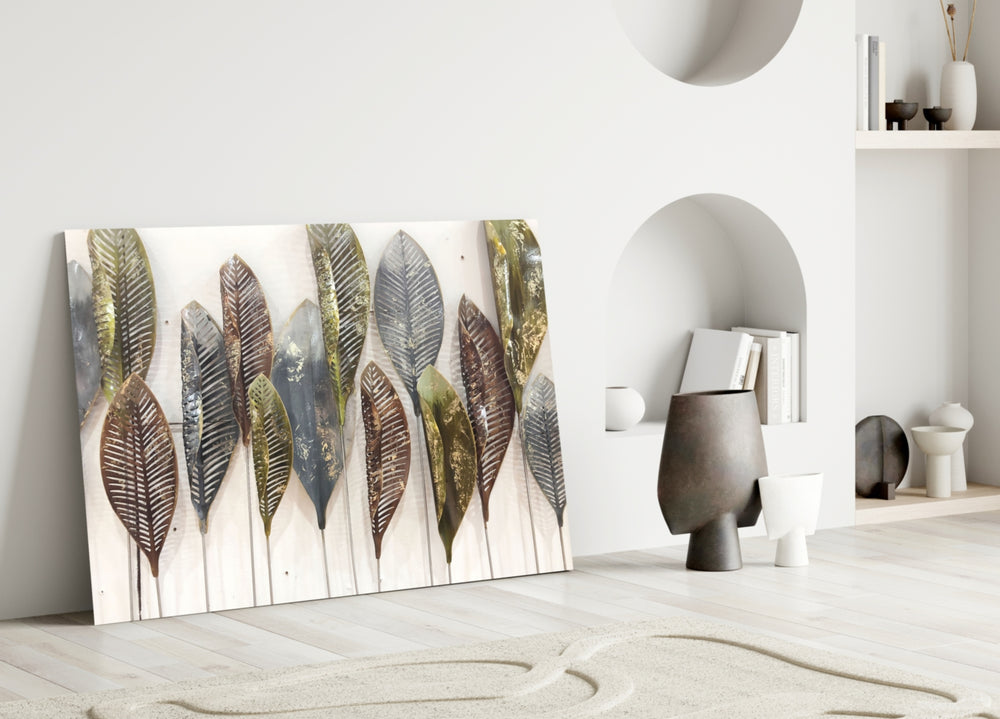 Feathers glass wall art styled above a credenza in a living room