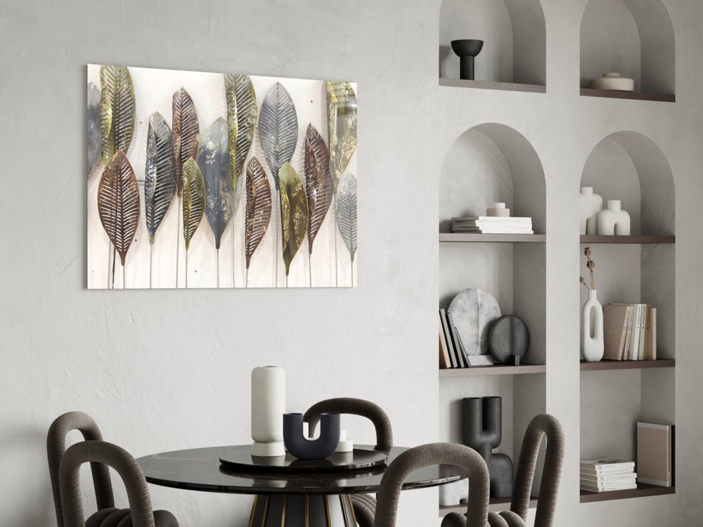 Feathers glass print enhancing a dining room with cinematic warmth