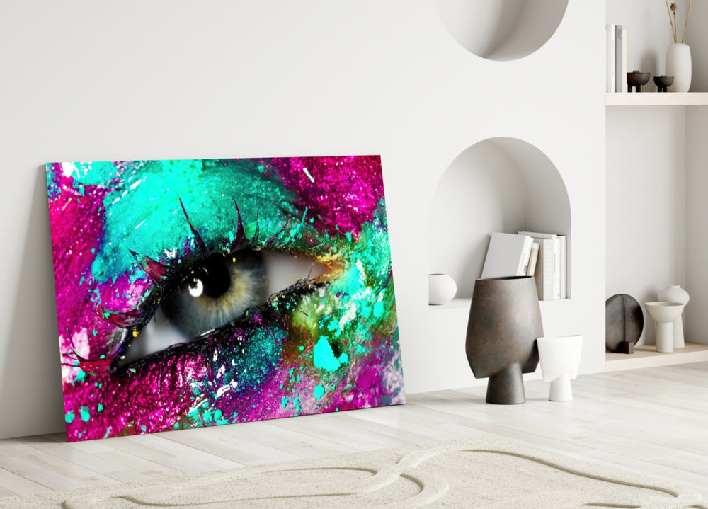 Pupil glass wall art styled above a vanity in a bedroom