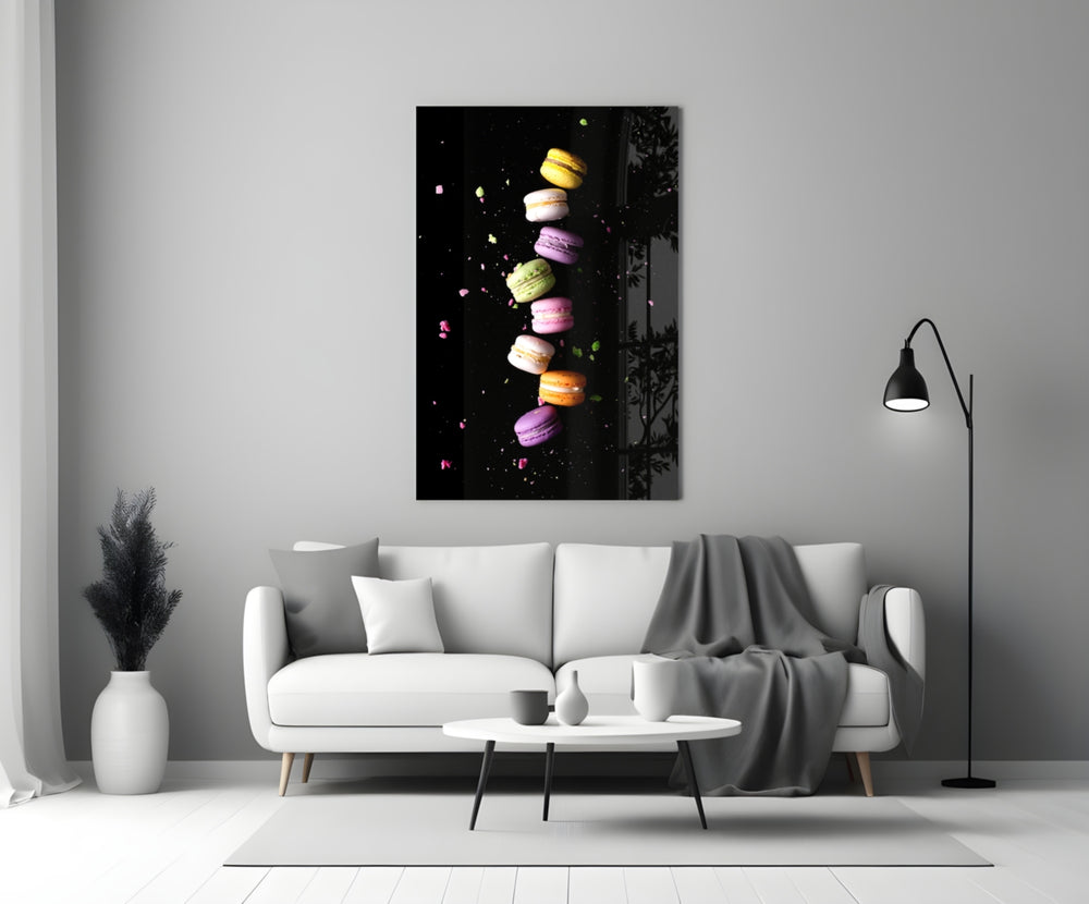 Macarons glass wall art styled in a kitchen