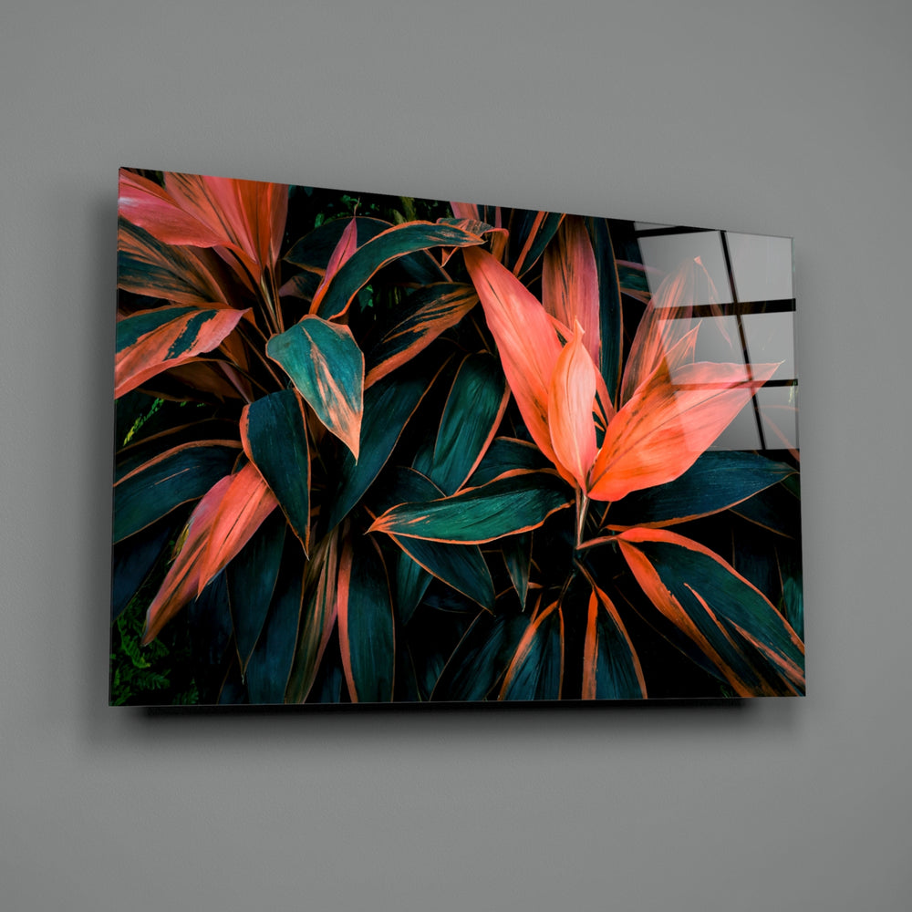 Flower close-up showing coral magenta and emerald cordyline leaves
