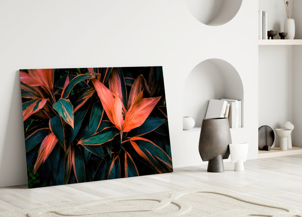 Flower glass wall art styled above a console in a living room