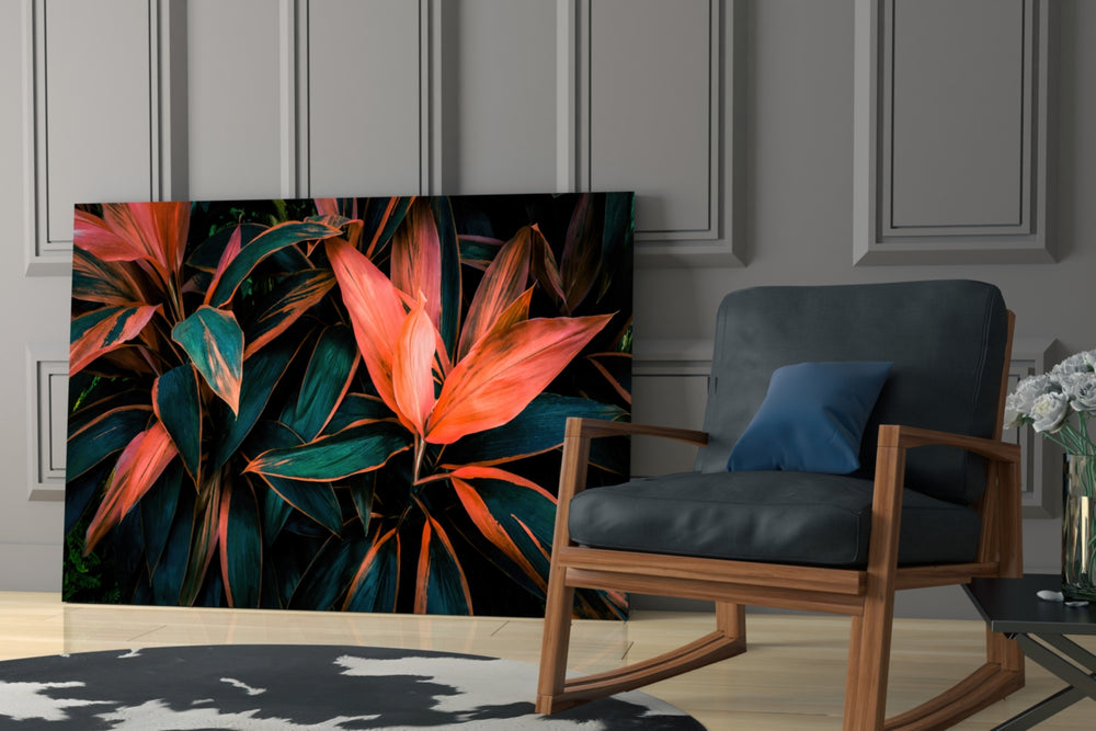 Flower artwork anchoring a wall with bold biophilic palette