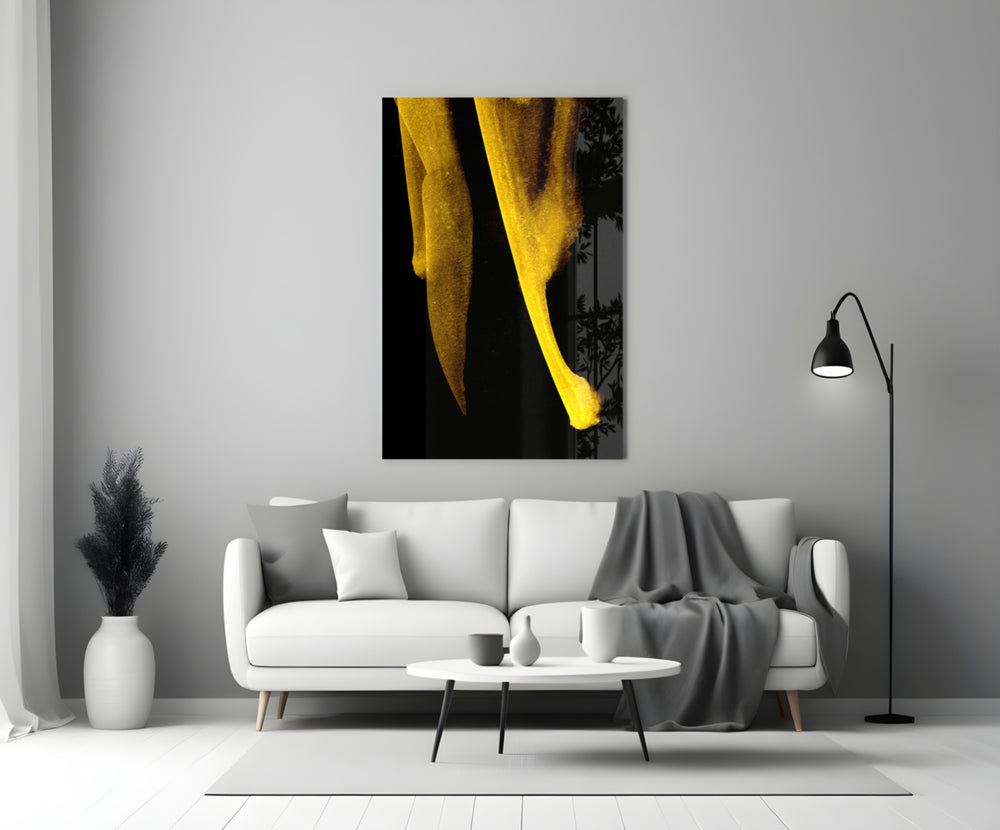 Yellow Story glass wall art styled above a daybed in a living room