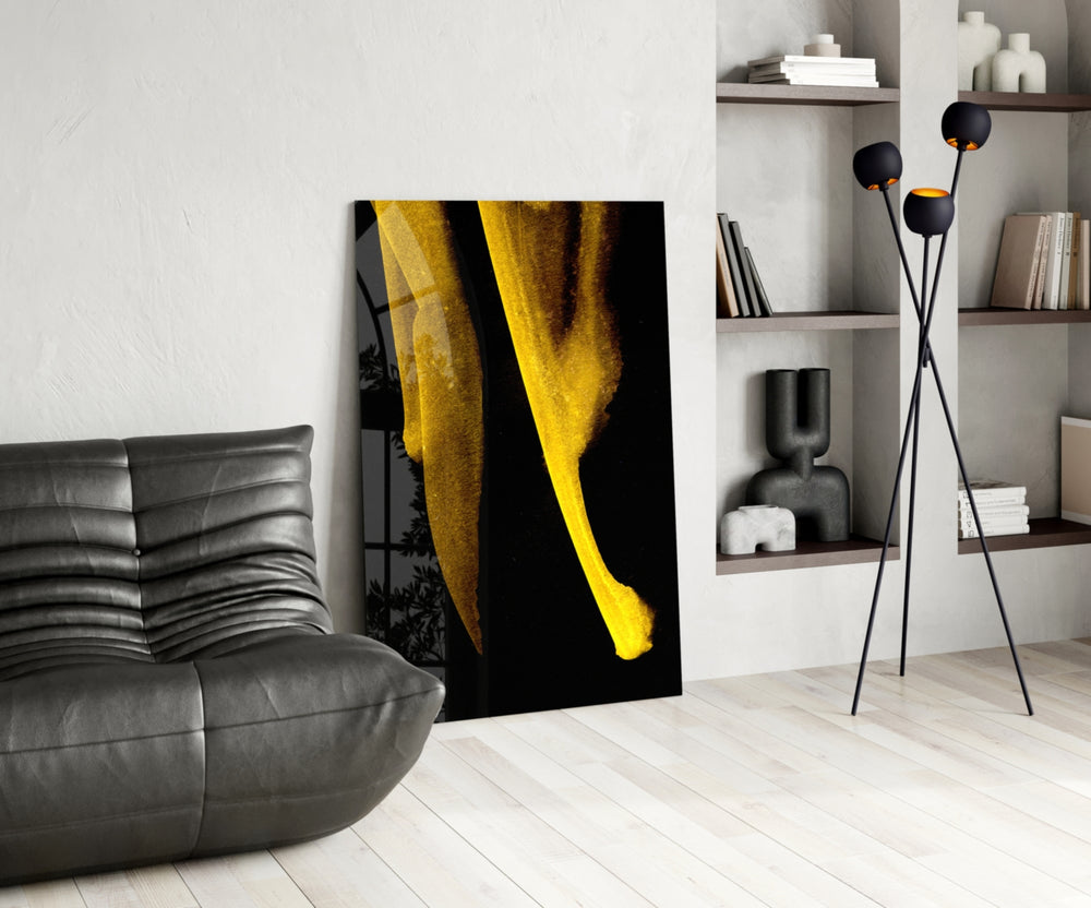 Yellow Story glass print enhancing a dining room with cinematic drama