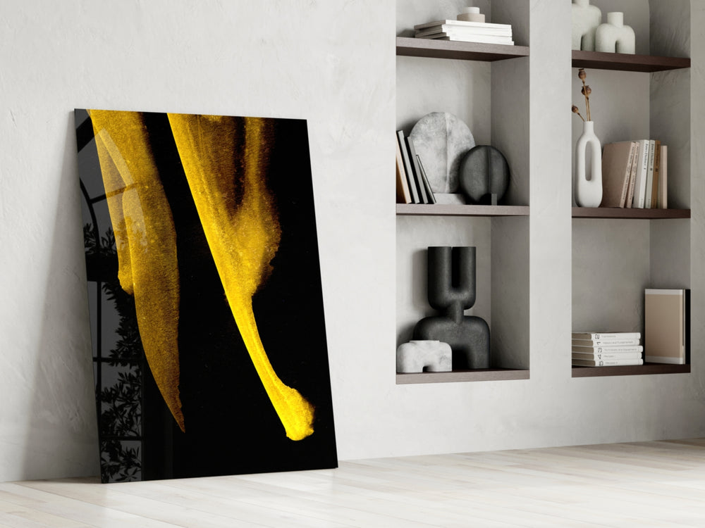 Yellow Story artwork anchoring a wall with bold minimalist palette