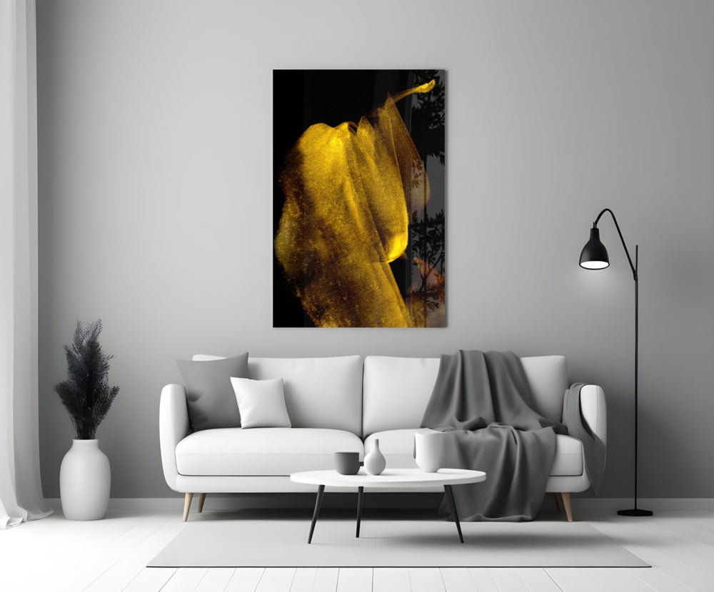 Yellow Story glass wall art styled above a credenza in a living room