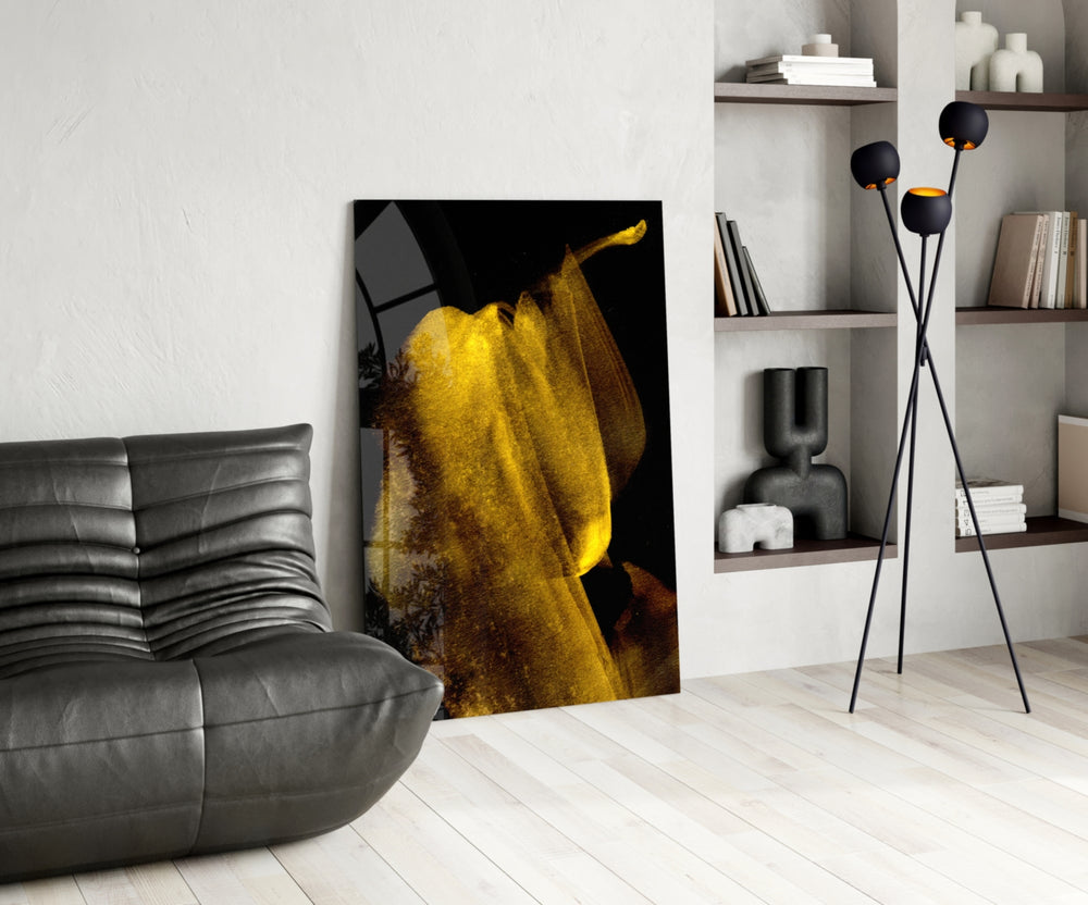 Yellow Story glass print enhancing a dining room with cinematic drama