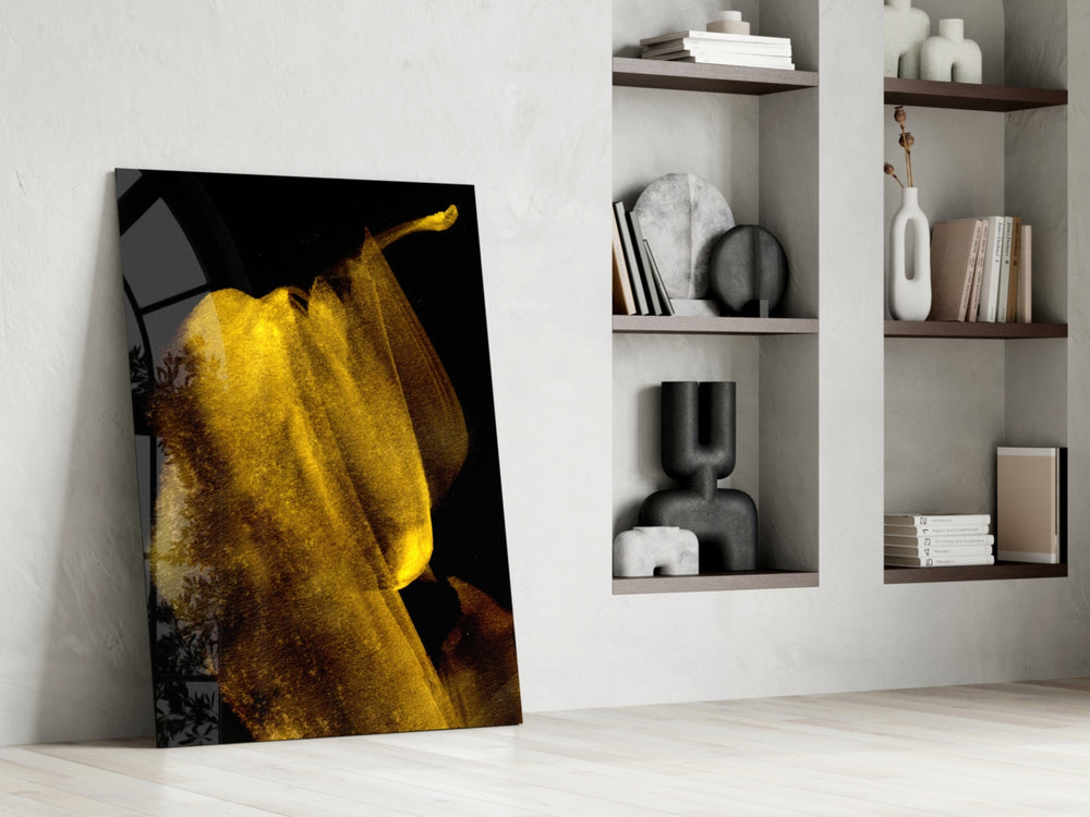 Yellow Story artwork anchoring a wall with bold minimalist palette