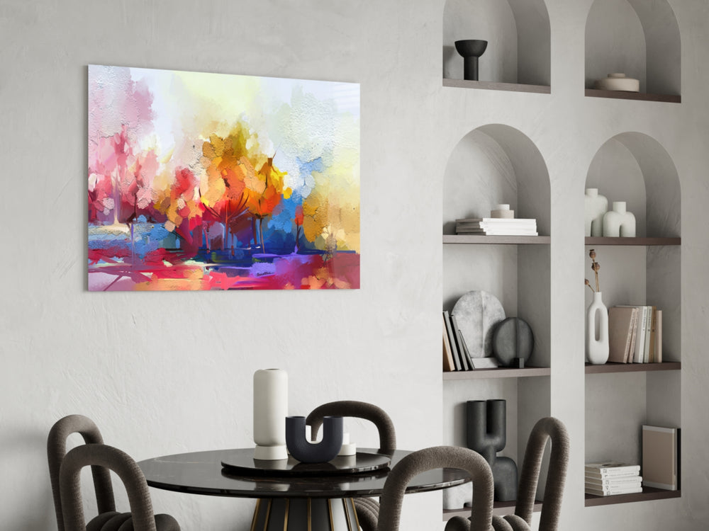 Abstract Trees glass print enhancing a hallway with cinematic warmth