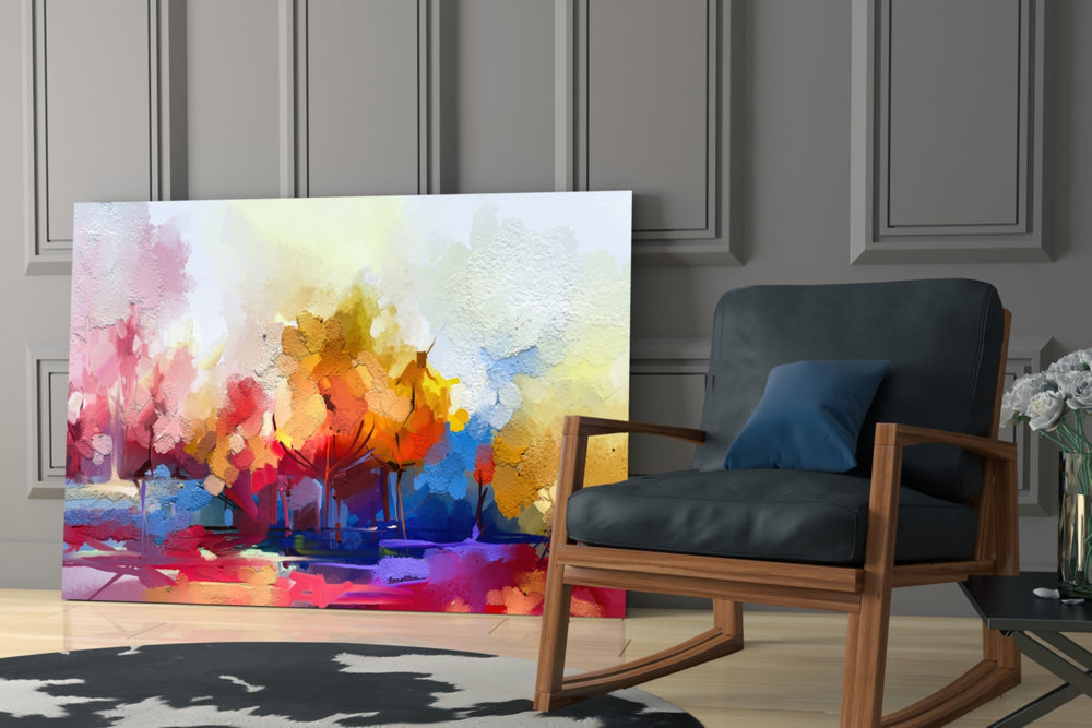 Abstract Trees artwork anchoring a wall with bold energetic palette
