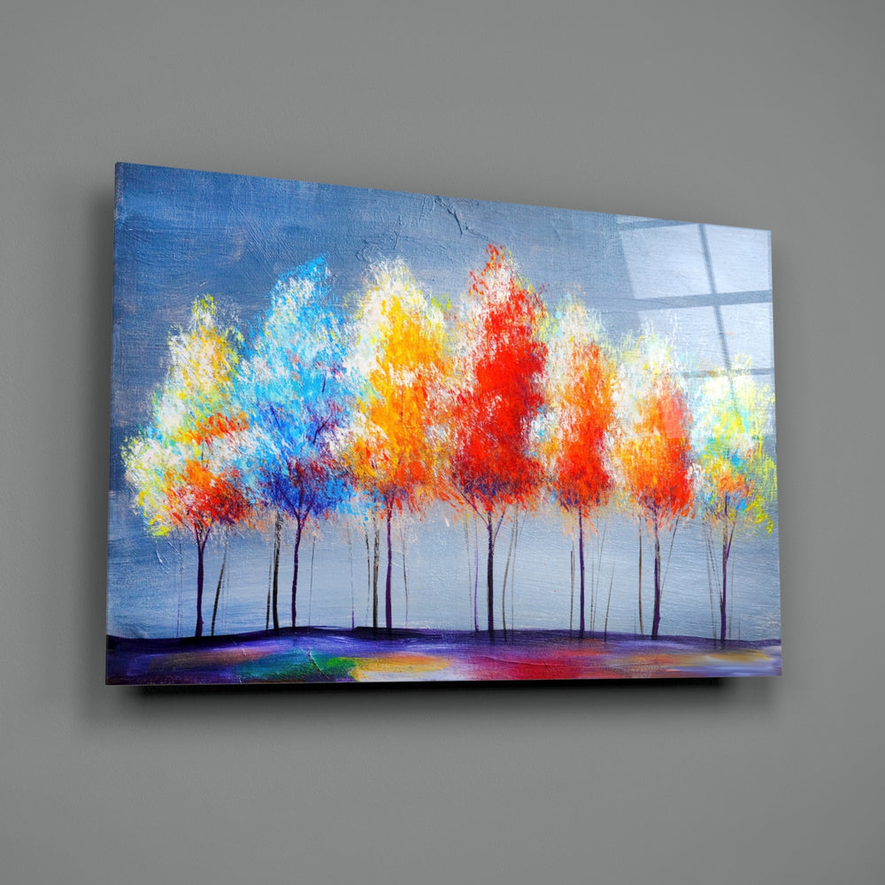 Drawing Trees close-up showing coral amber cobalt and crimson trees on sky blue