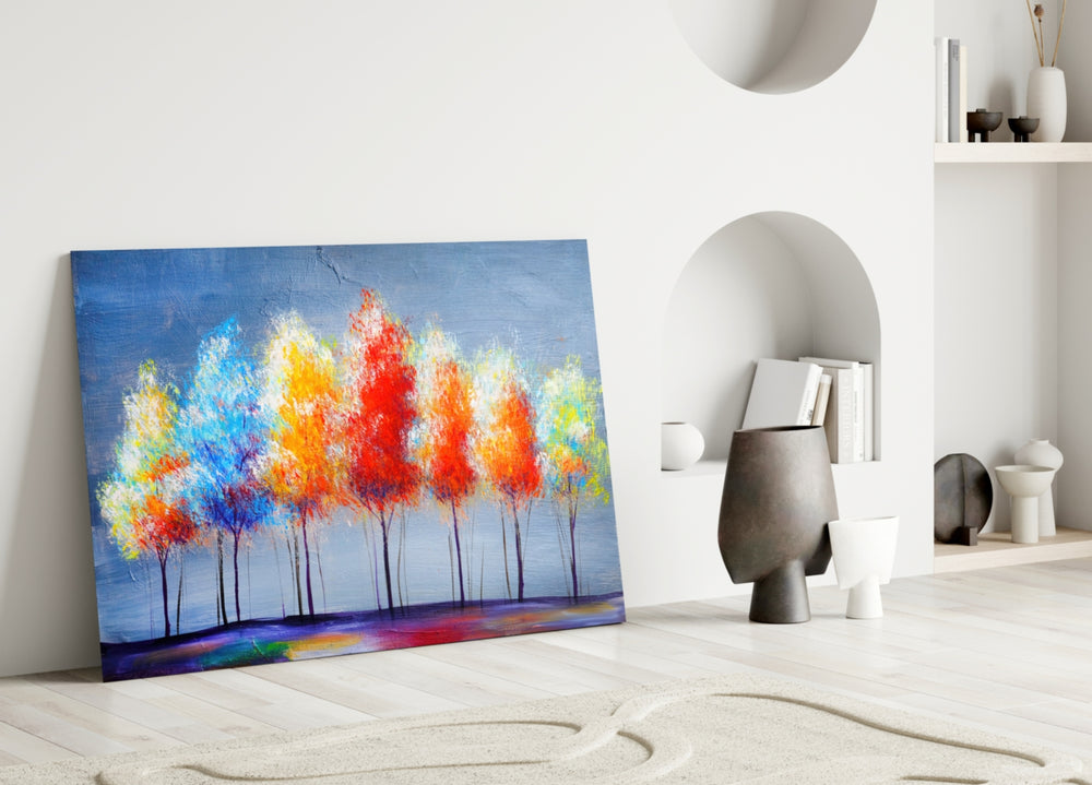 Drawing Trees glass wall art styled above a credenza in a living room