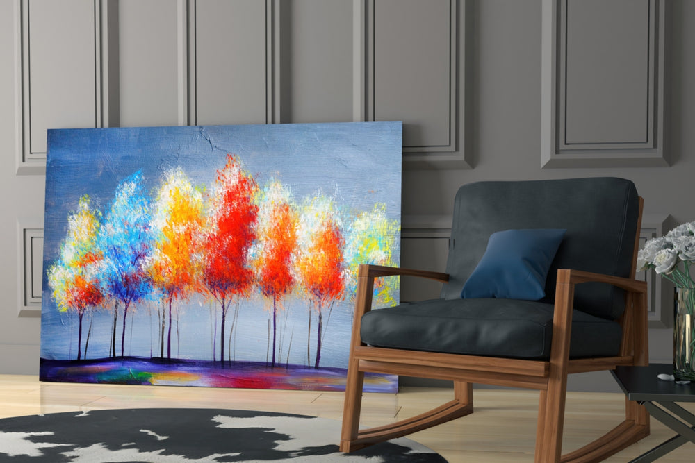 Drawing Trees artwork anchoring a wall with bold energetic palette