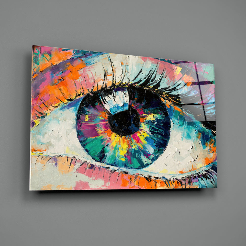 Pupil close-up showing impasto eye with cobalt amber and magenta brushstrokes