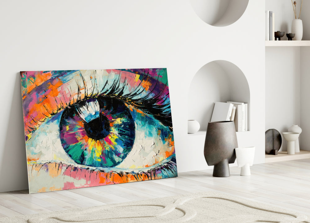 Pupil glass wall art styled above a sofa in a living room
