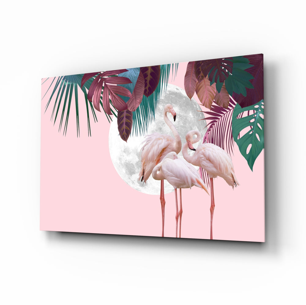 Tropical-collage panel bringing playful calm to a contemporary bedroom
