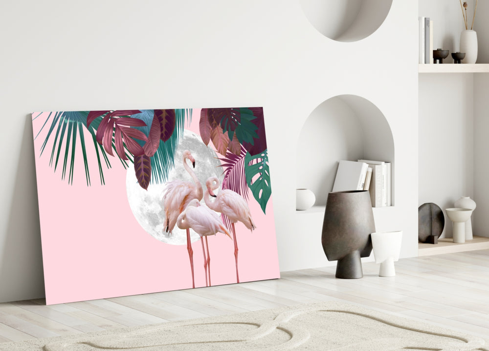 Flamingo glass wall art styled above a bed in a bedroom