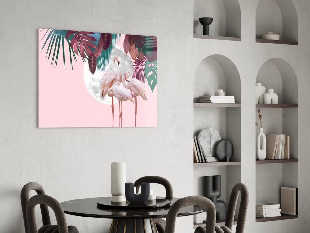 Flamingo glass print enhancing a bathroom with cinematic whimsy