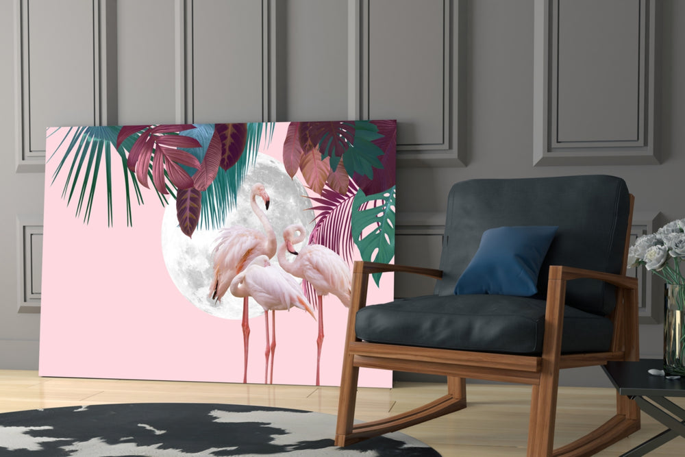 Flamingo artwork anchoring a wall with playful tropical palette