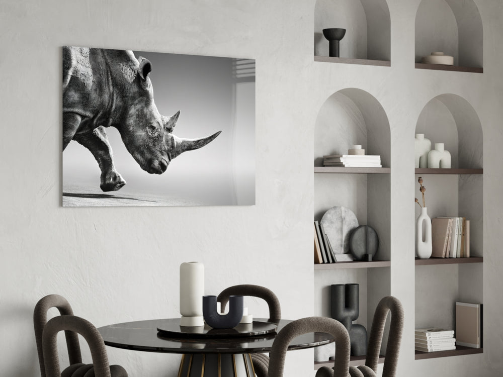 Black Rhino glass print enhancing a study with cinematic drama