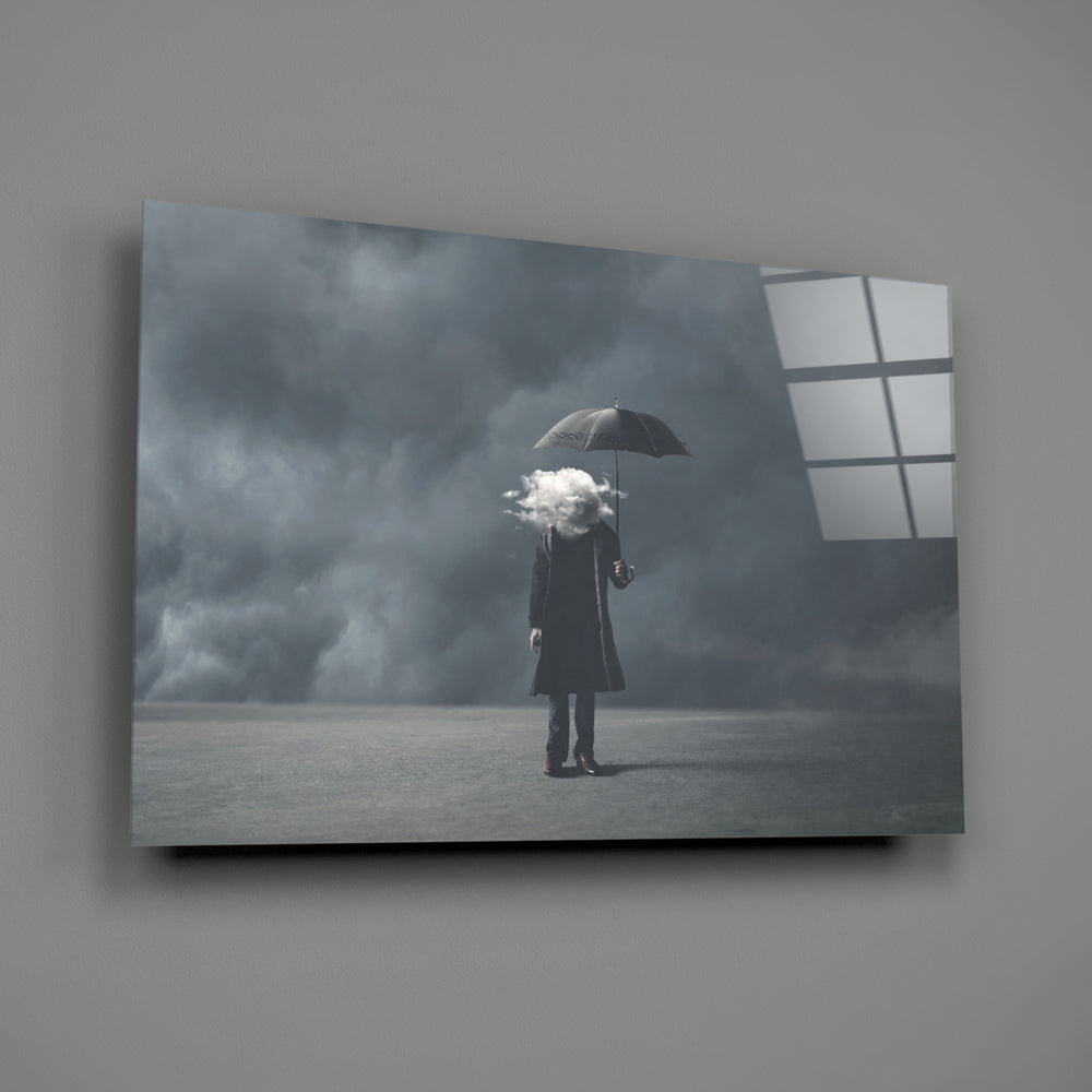 Storm in Thoughts close-up showing cloud-headed figure under umbrella