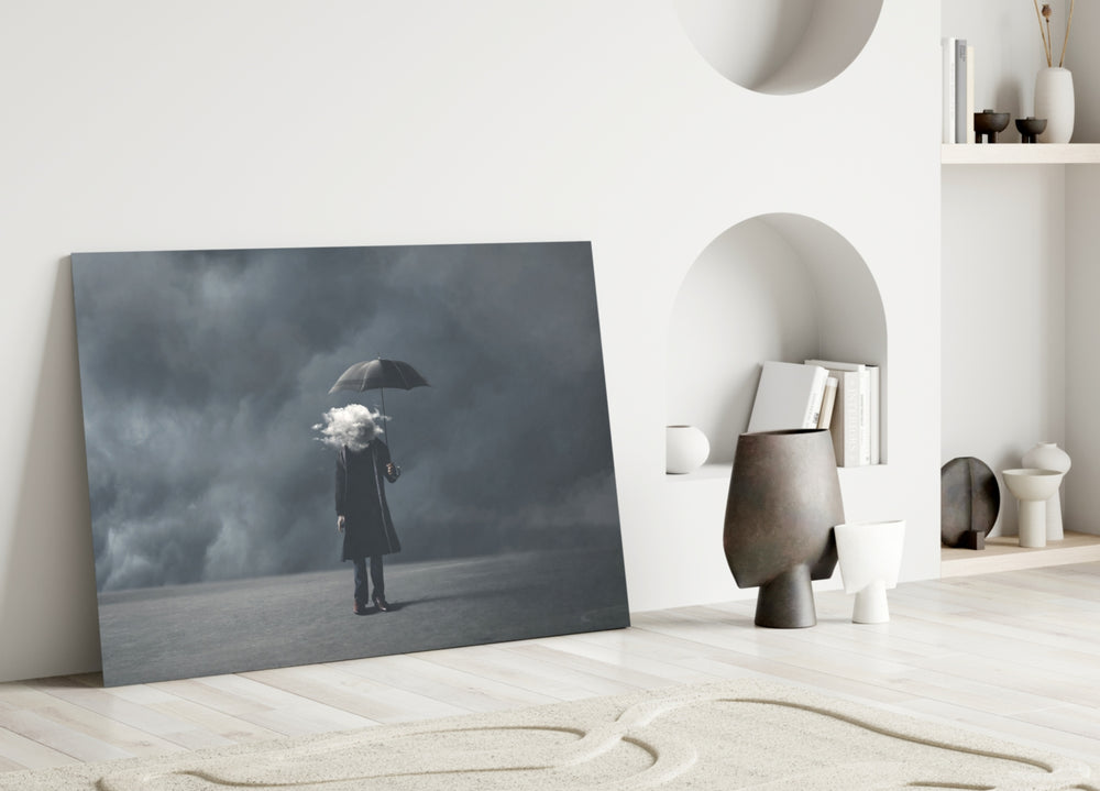 Storm in Thoughts glass wall art styled above a console in a study