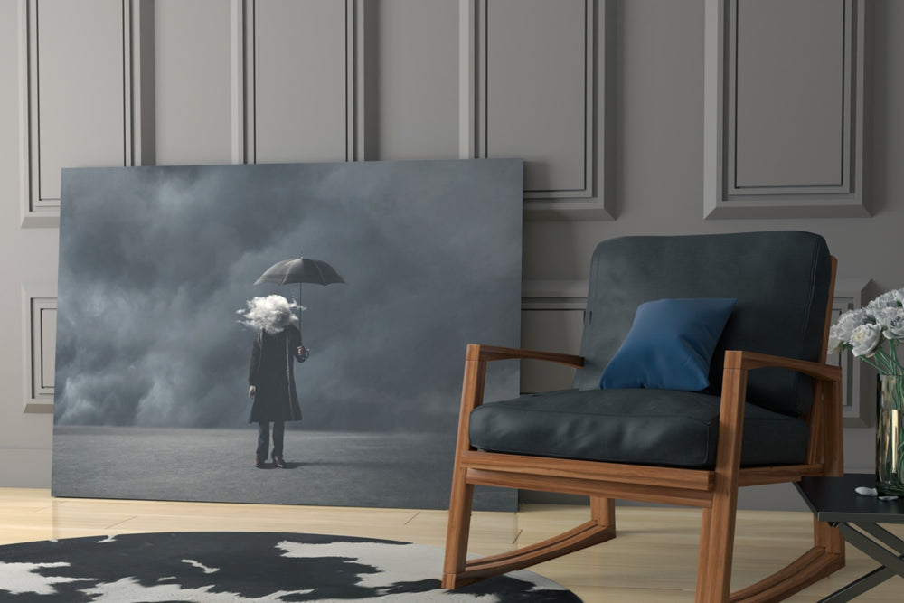 Storm in Thoughts artwork anchoring a wall with contemplative surreal palette