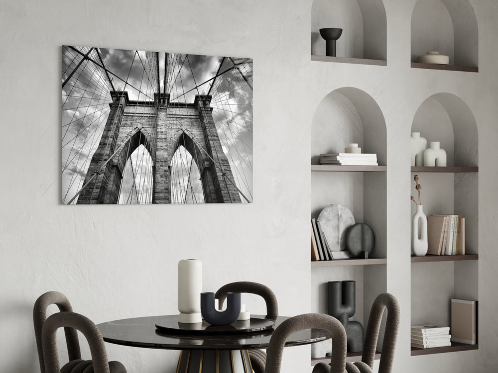 Brooklyn Bridge glass print enhancing a hallway with cinematic drama