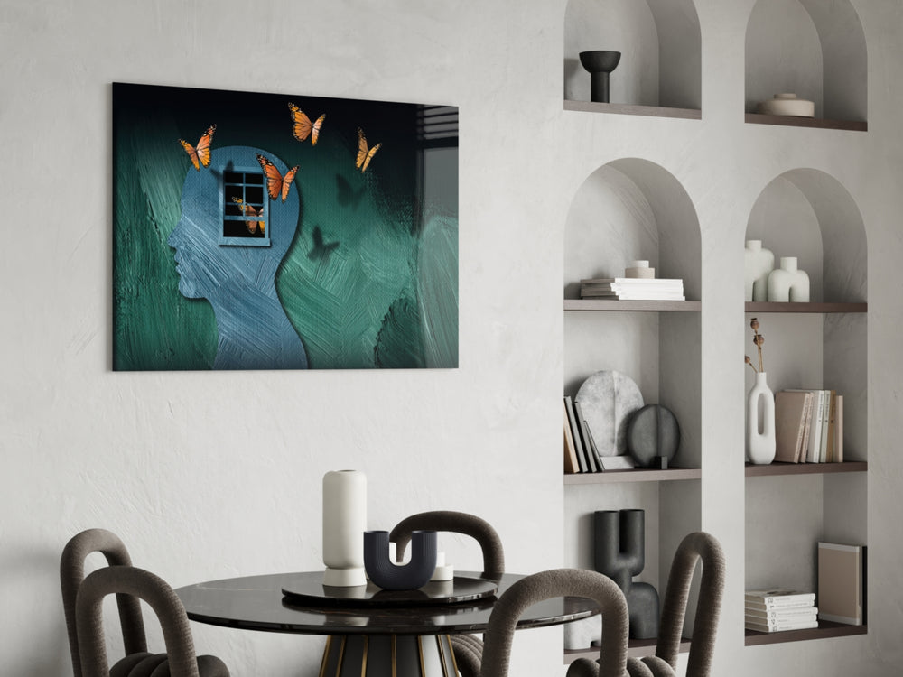 Butterfly Effect glass print enhancing a living room with cinematic warmth