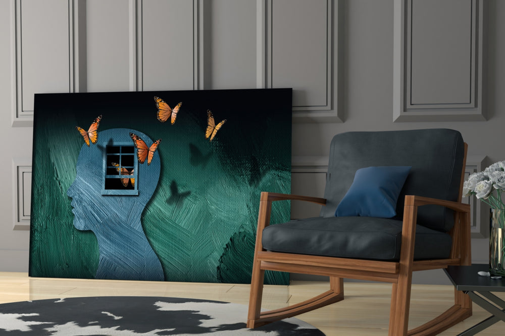 Butterfly Effect artwork anchoring a wall with contemplative surreal palette