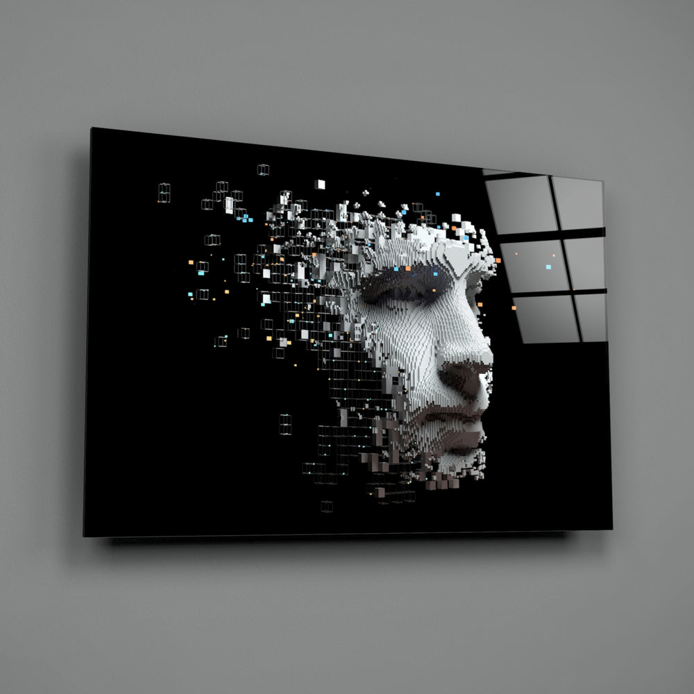 Being Human close-up showing pixel-voxel head dissolving on velvet black