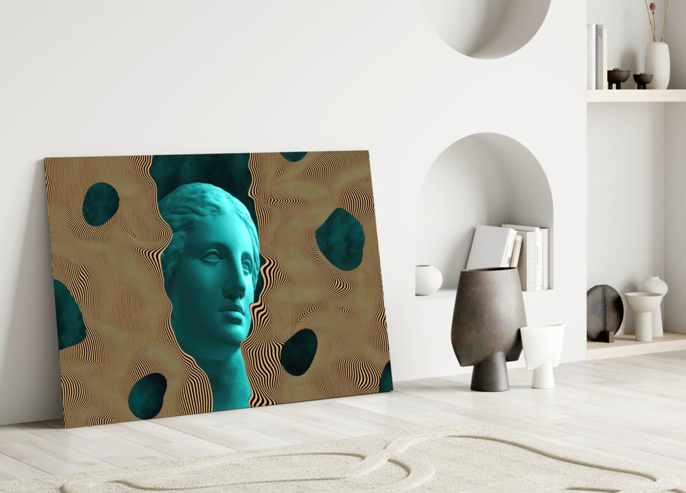 Sculpture glass wall art styled above a credenza in a gaming room