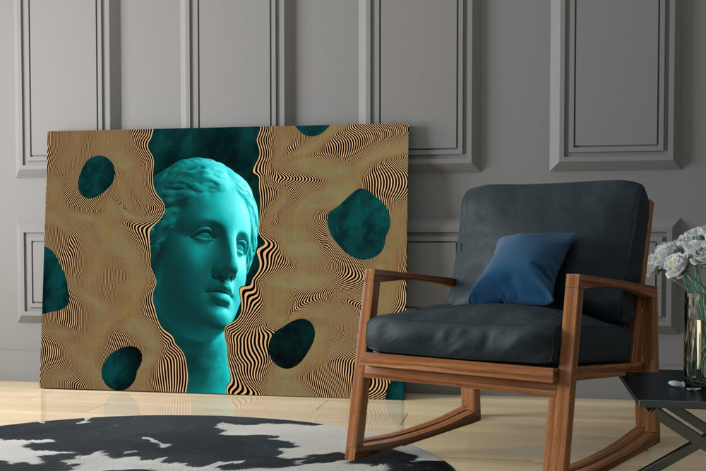 Sculpture artwork anchoring a wall with bold retro palette