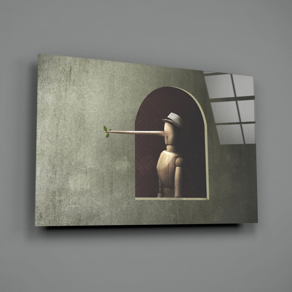 Pinocchio close-up showing wood figure with elongated nose extending into leaf