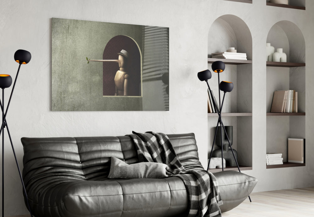 Pinocchio panel adding editorial mood to a living room
