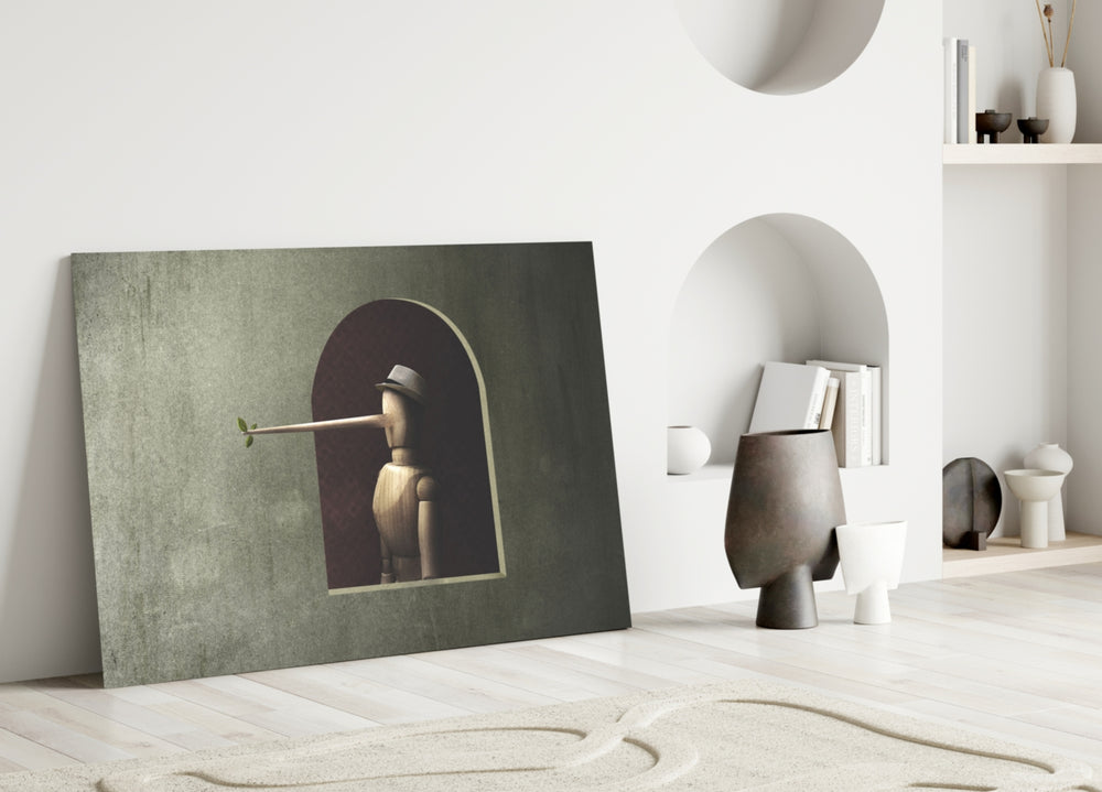 Pinocchio glass wall art styled in a study
