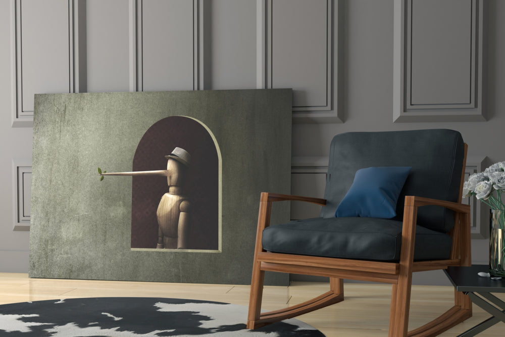 Pinocchio artwork anchoring a wall with contemplative surreal palette