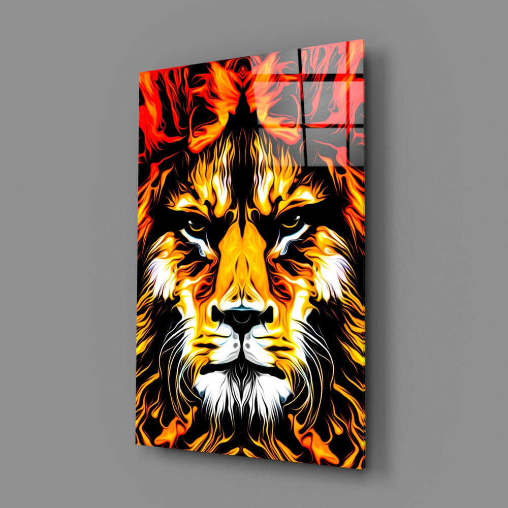 Lion close-up showing flame-maned lion in amber and crimson